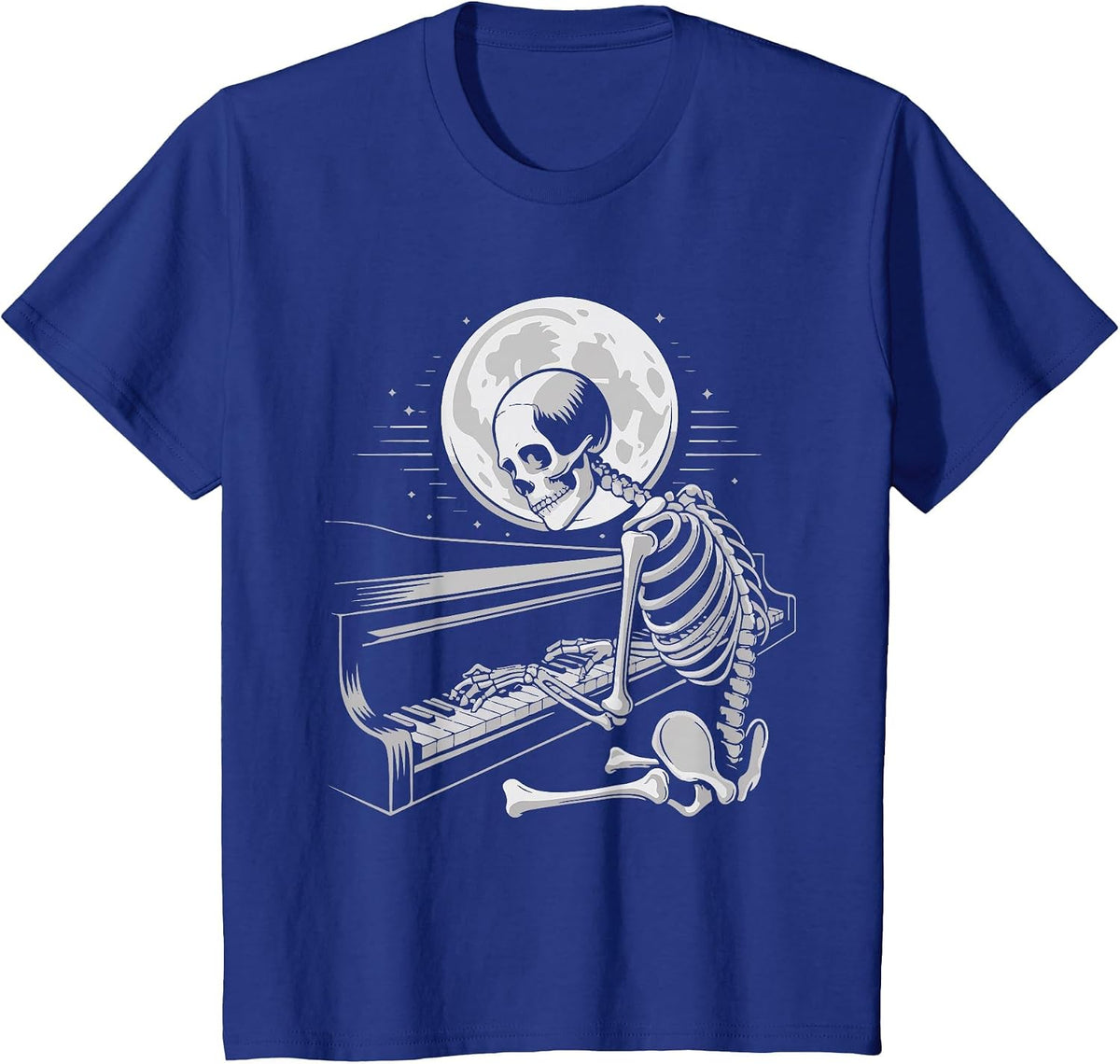 Skeleton Playing Piano Moon Halloween Pianist T-Shirt - Royal Blue