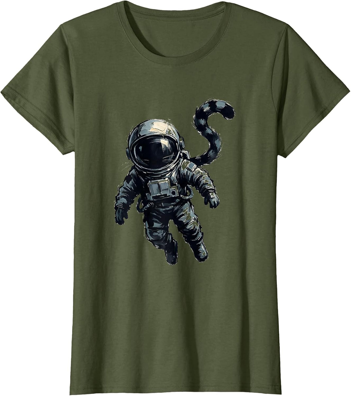 Women's Cat Astronaut Floating in Deep Space Graphic T-Shirt - Olive Green