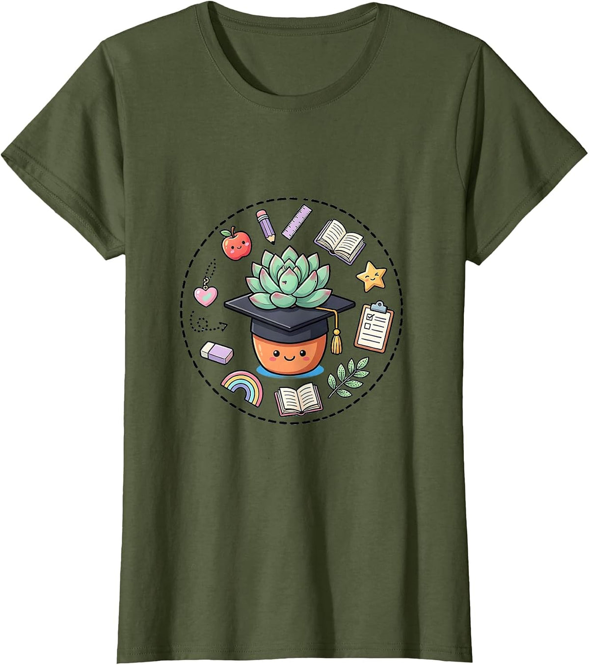 Women's Elementary Teacher Graduation Potted Plant Design T-Shirt - Olive Green