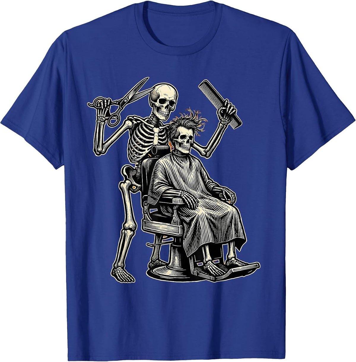 Men's Skeleton Barber Haircut Funny Halloween Graphic T-Shirt - Royal Blue