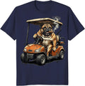 Cigar Bulldog Golf Cart Funny Golf Illustration T-Shirt - Navy Blue