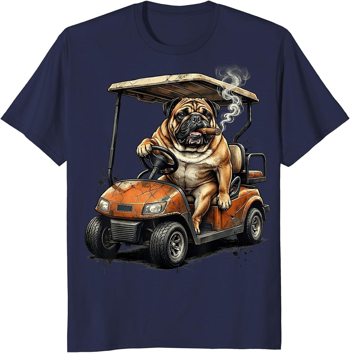 Cigar Bulldog Golf Cart Funny Golf Illustration T-Shirt - Navy Blue