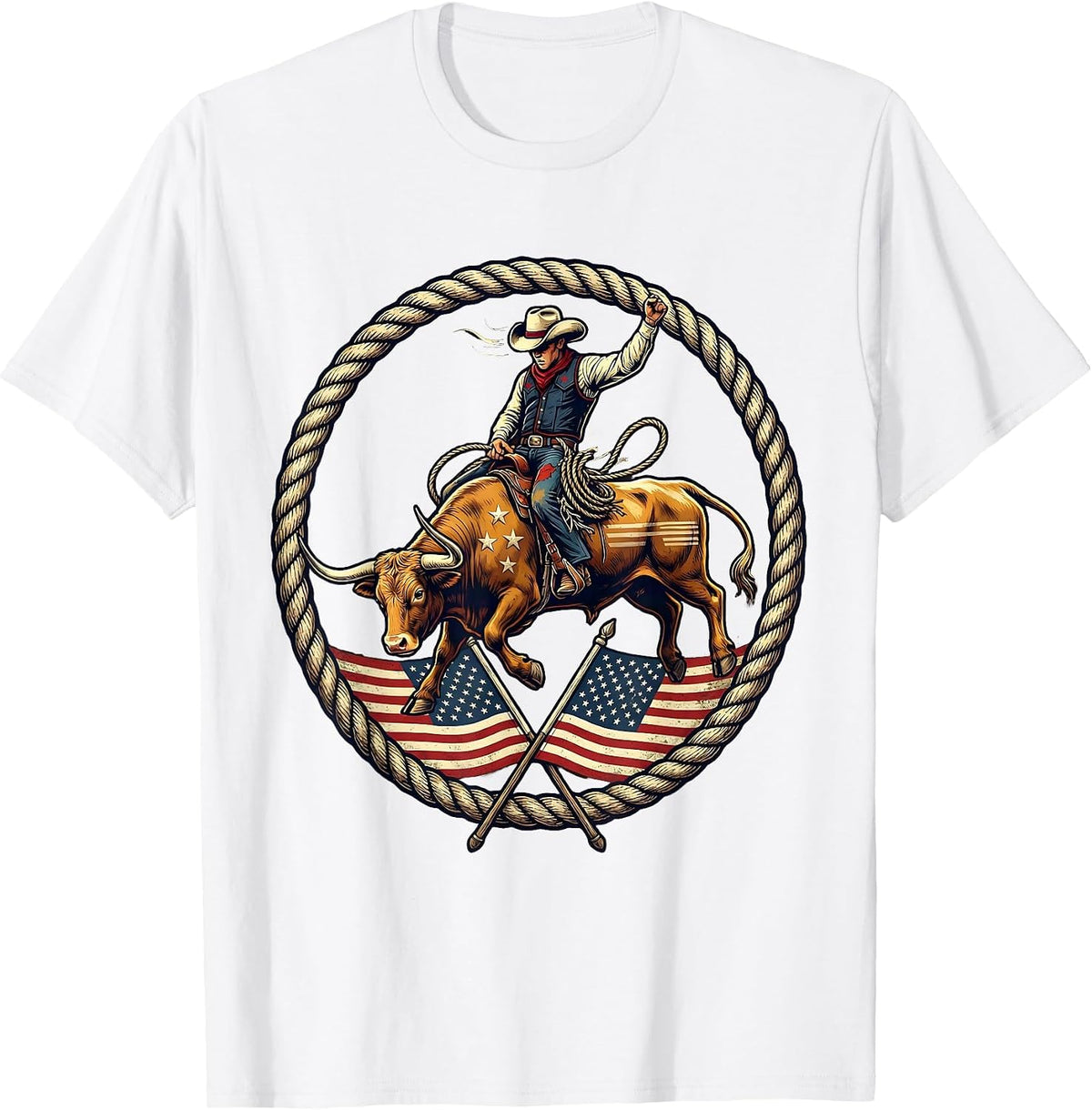 Men's Bull Rider Gripping Rope Mid-Buck Western Graphic T-Shirt - White