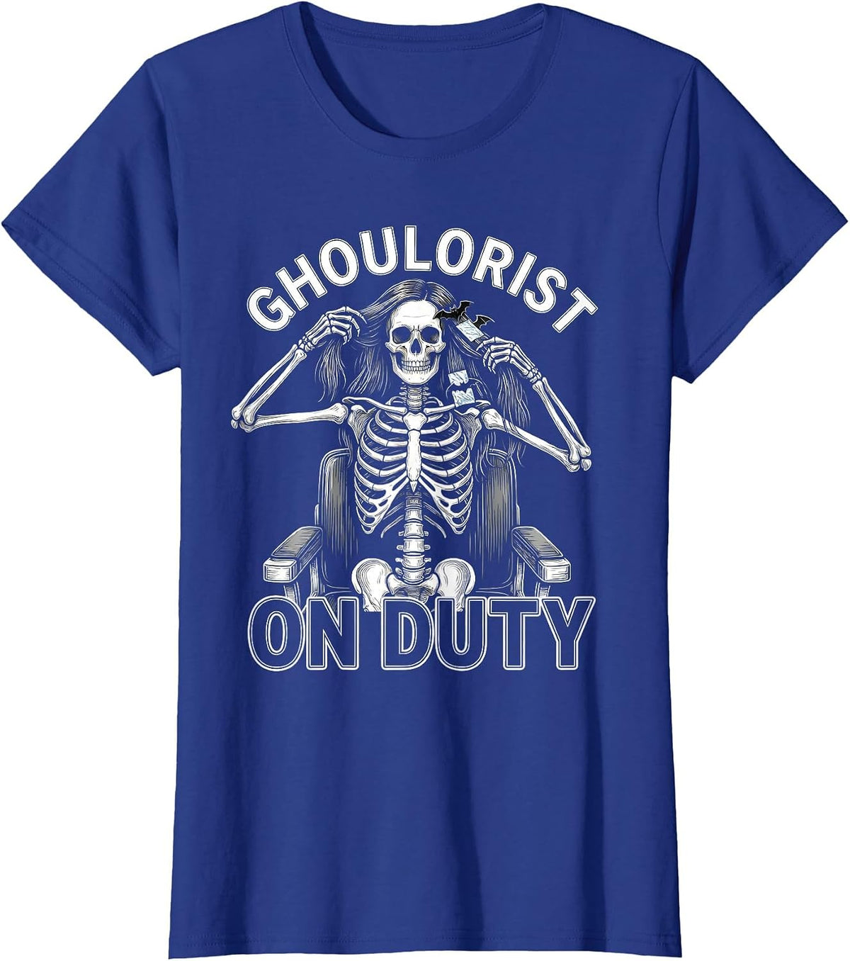Women's Ghoulorist On Duty Funny Skeleton Hairstylist Halloween T-Shirt - Royal Blue