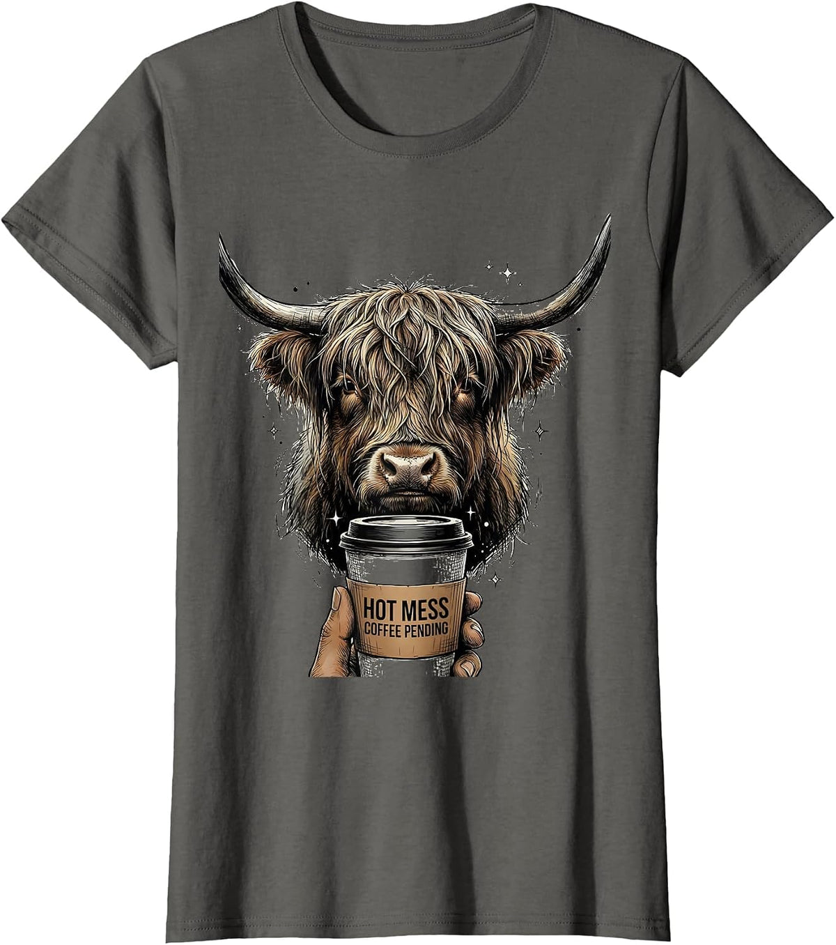 Women's Hot Mess Coffee Pending Highland Cow Funny Coffee Lover T-Shirt - Asphalt Grey