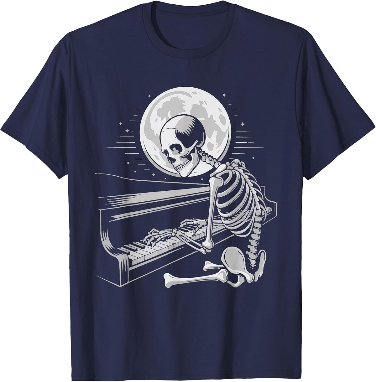 Skeleton Playing Piano Moon Halloween Pianist T-Shirt - Navy Blue