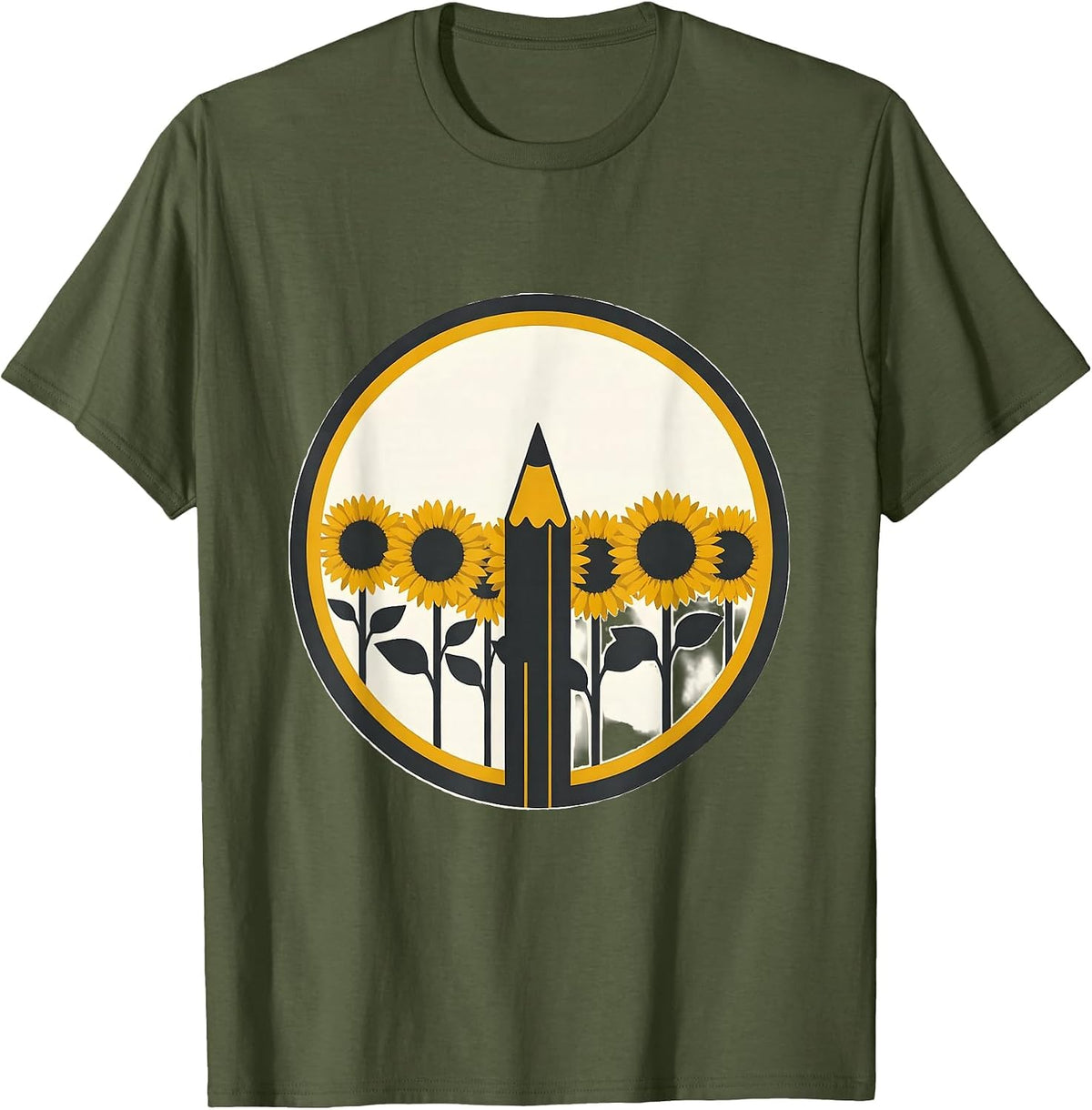 Spanish Teacher Sunflower Field Pencil Illustration T-Shirt - Olive Green