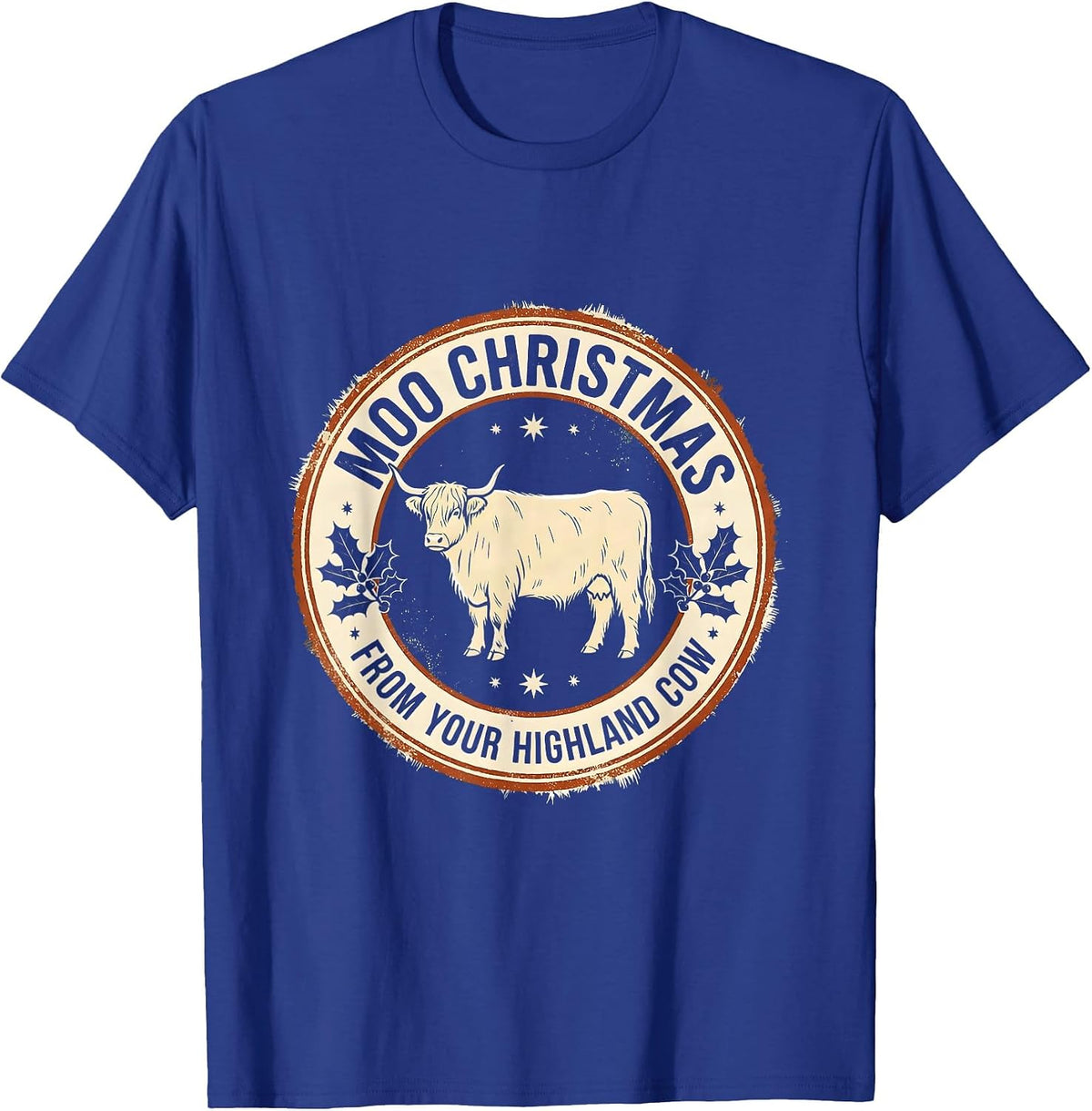 Moo Christmas From Your Highland Cow Funny Farm Animal T-Shirt - Royal Blue