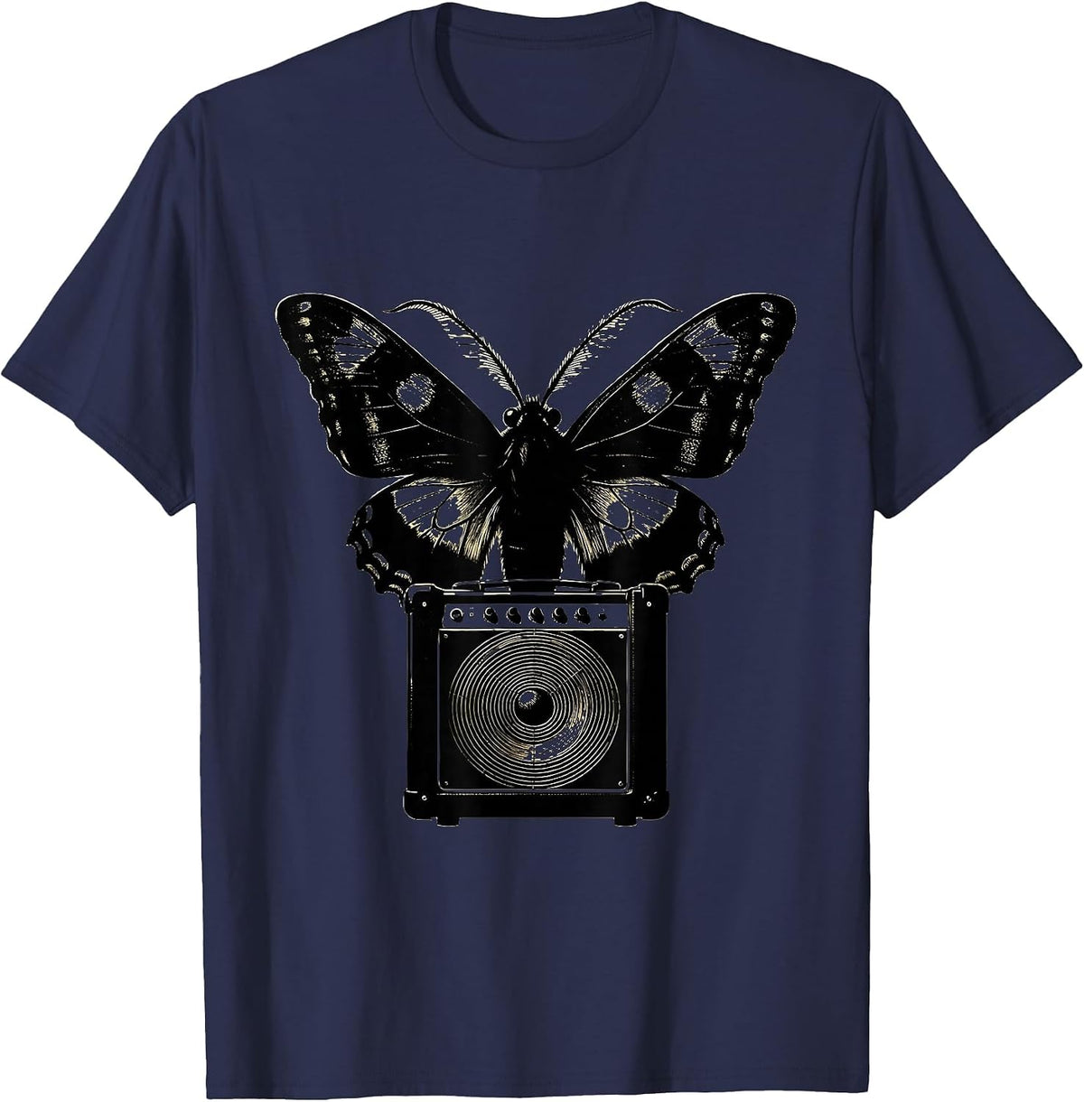 Moth and Glowing Amp Light Rock Music Graphic T-Shirt - Navy Blue
