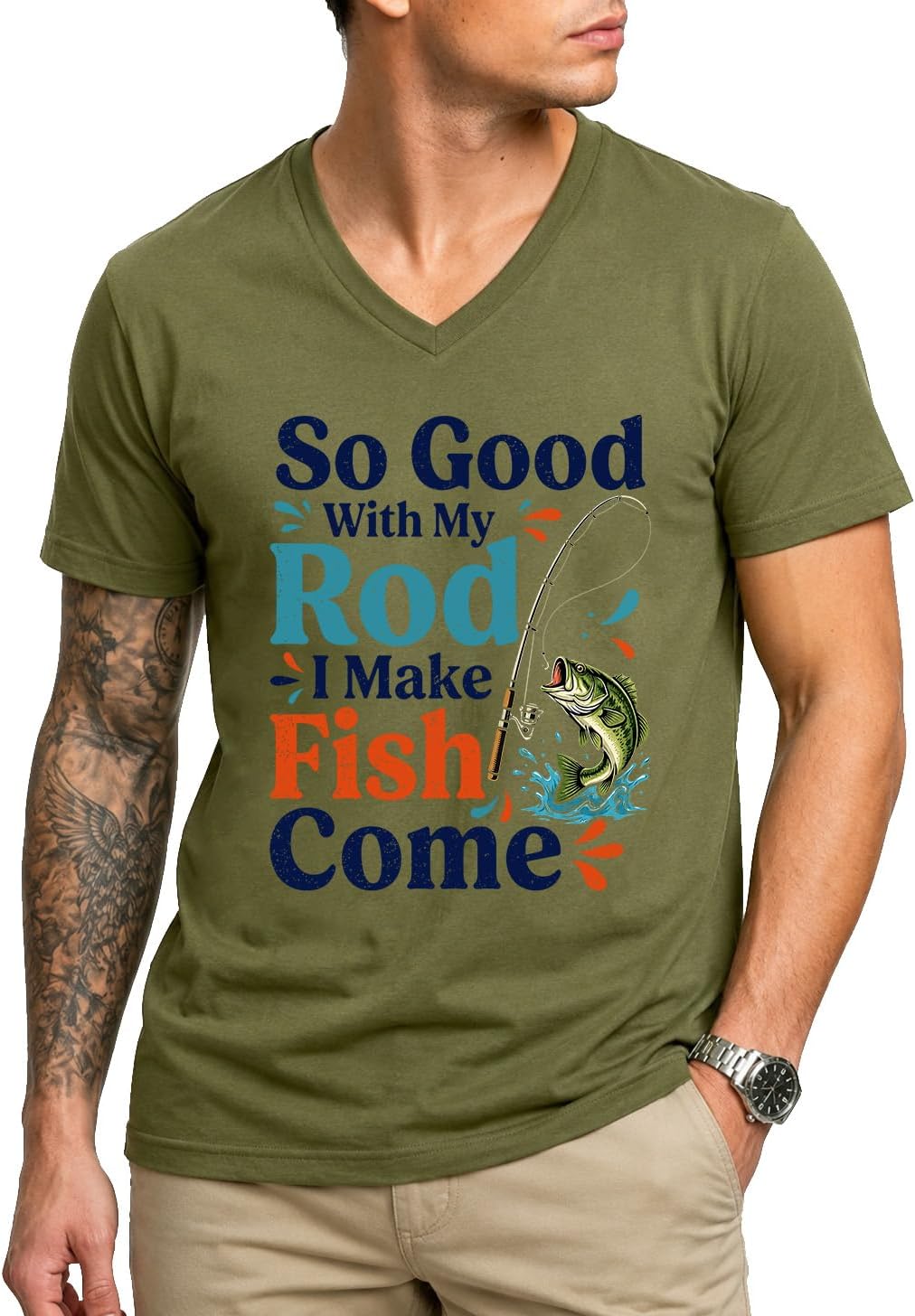 So Good with My Rod I Make Fish Come Shirt Funny Bass Fishing T-Shirt Men - V-Neck Green-vneck
