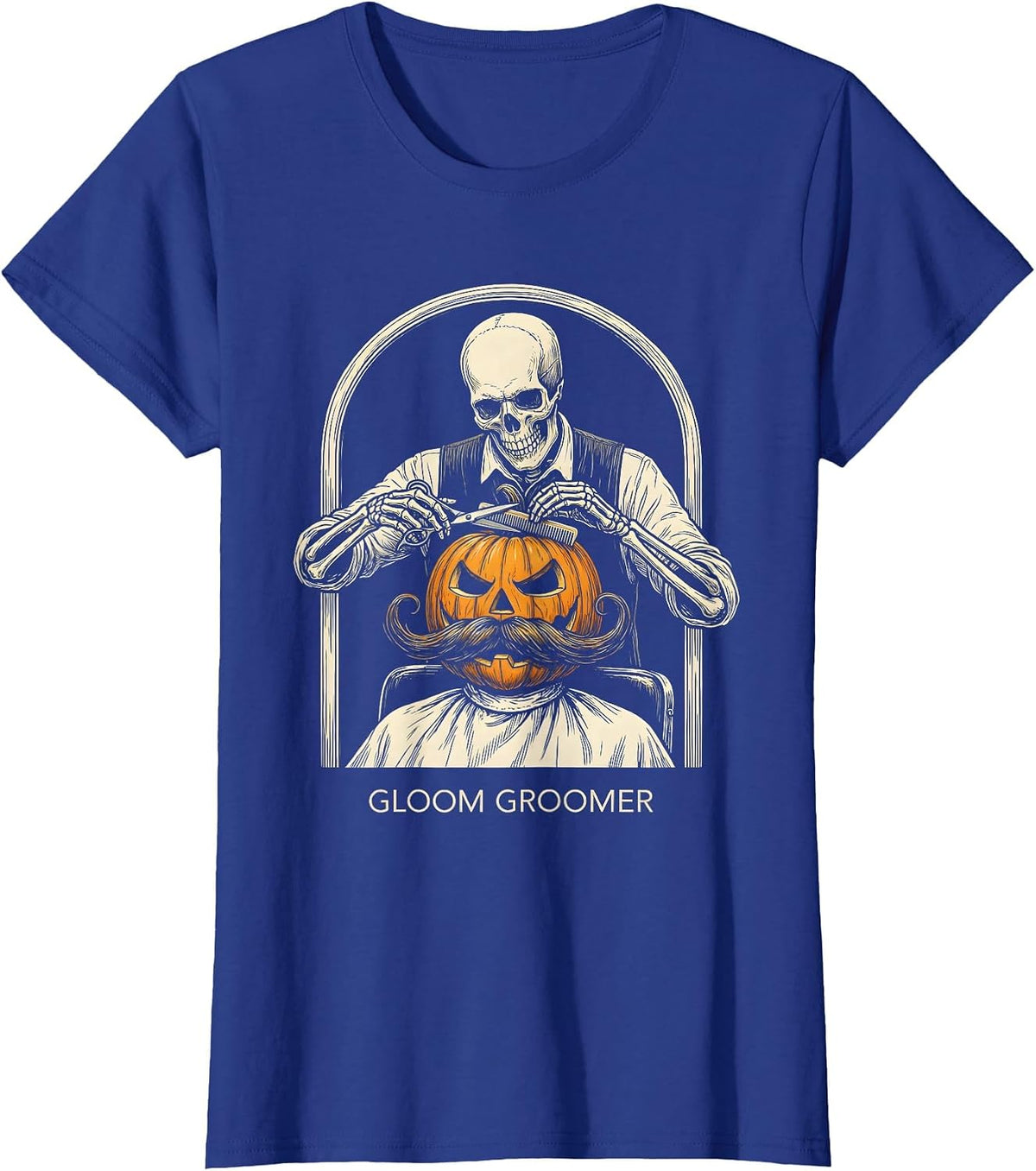 Women's Gloom Groomer Skeleton Barber Halloween Hairstylist Humor T-Shirt - Royal Blue