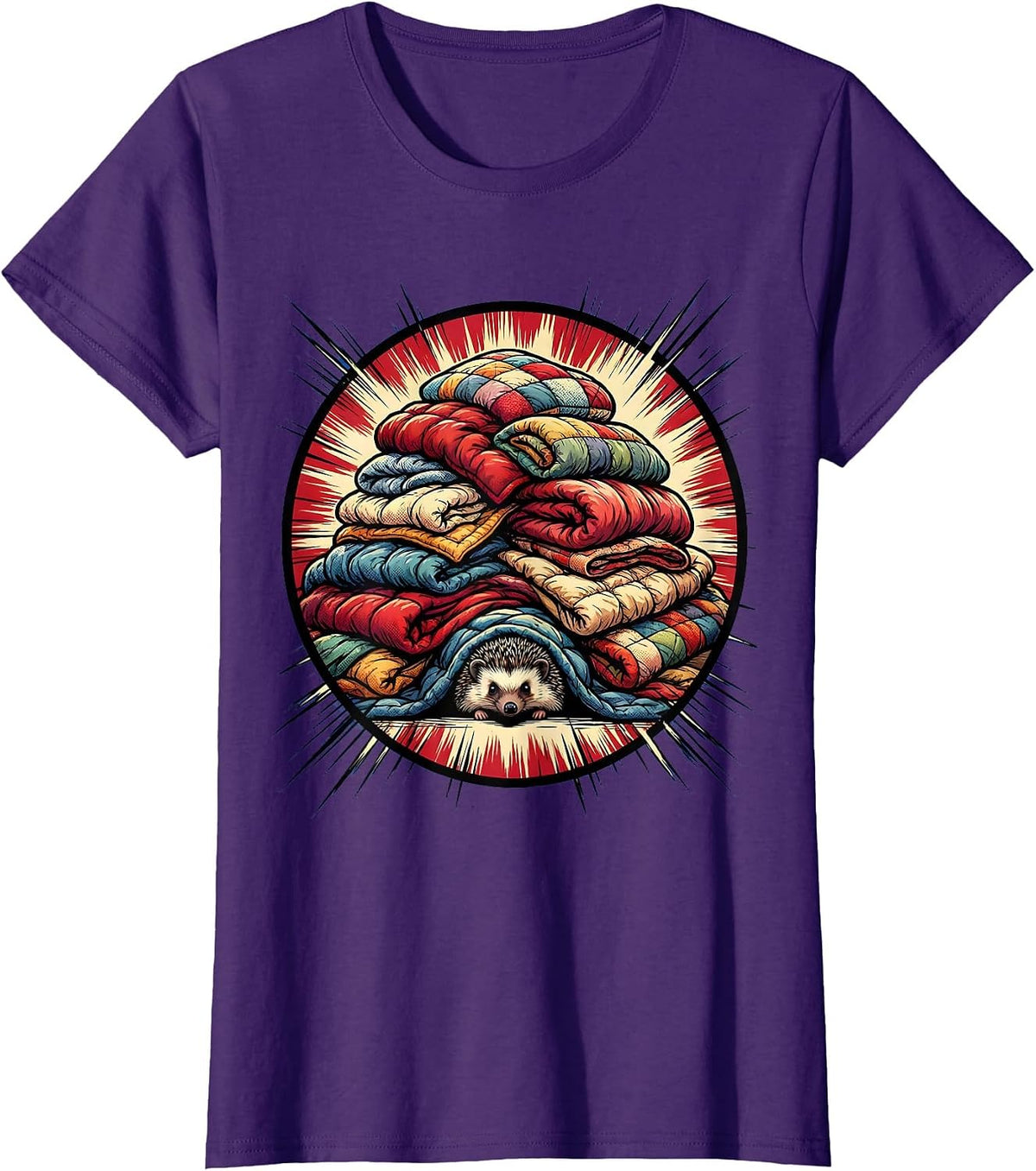 Women's Cozy Hedgehog Hiding Under Blanket Pile T-Shirt - Purple