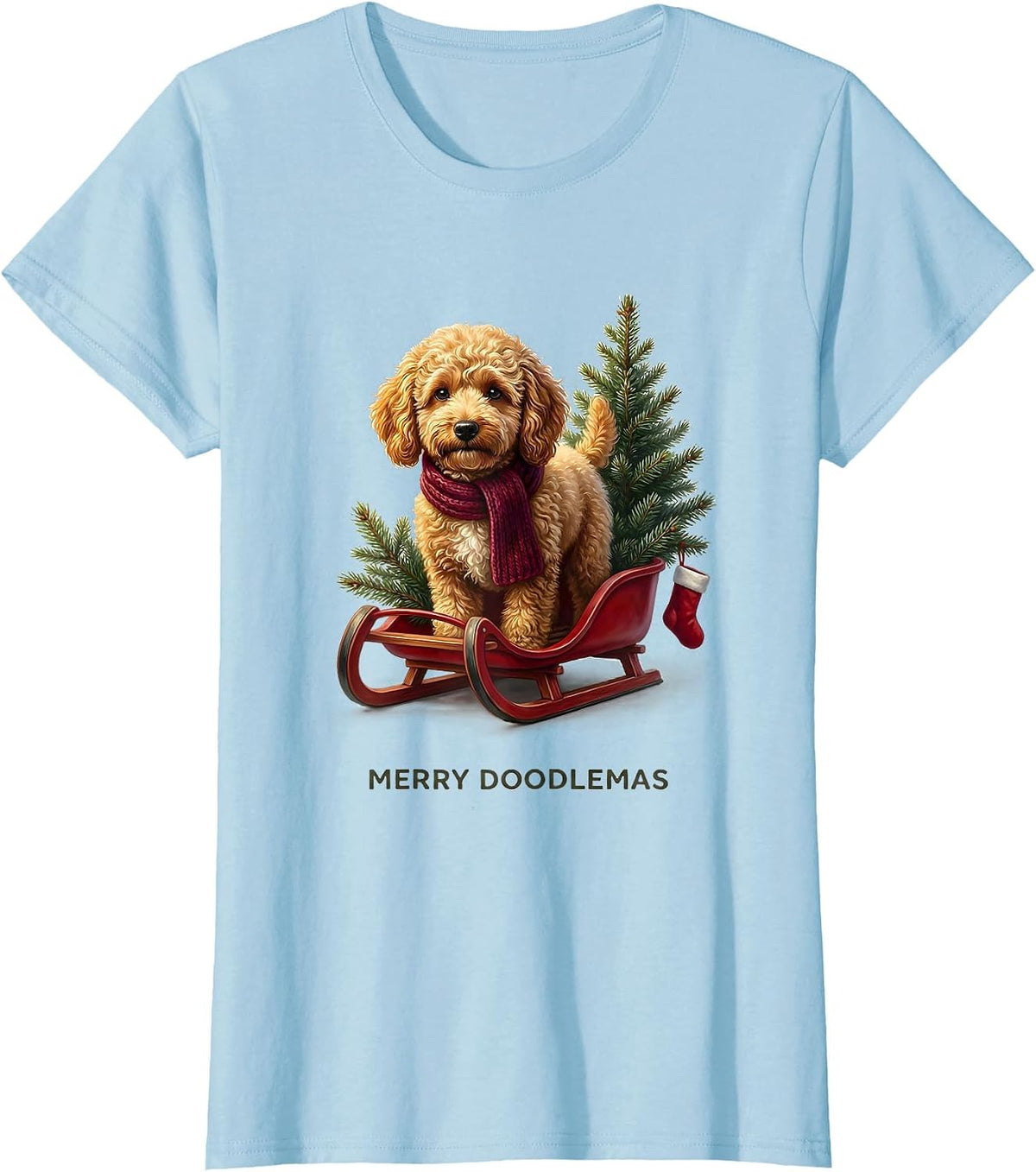 Merry Doodlemas Fluffy Goldendoodle Holiday Pajama Gift T-Shirt - Baby Blue