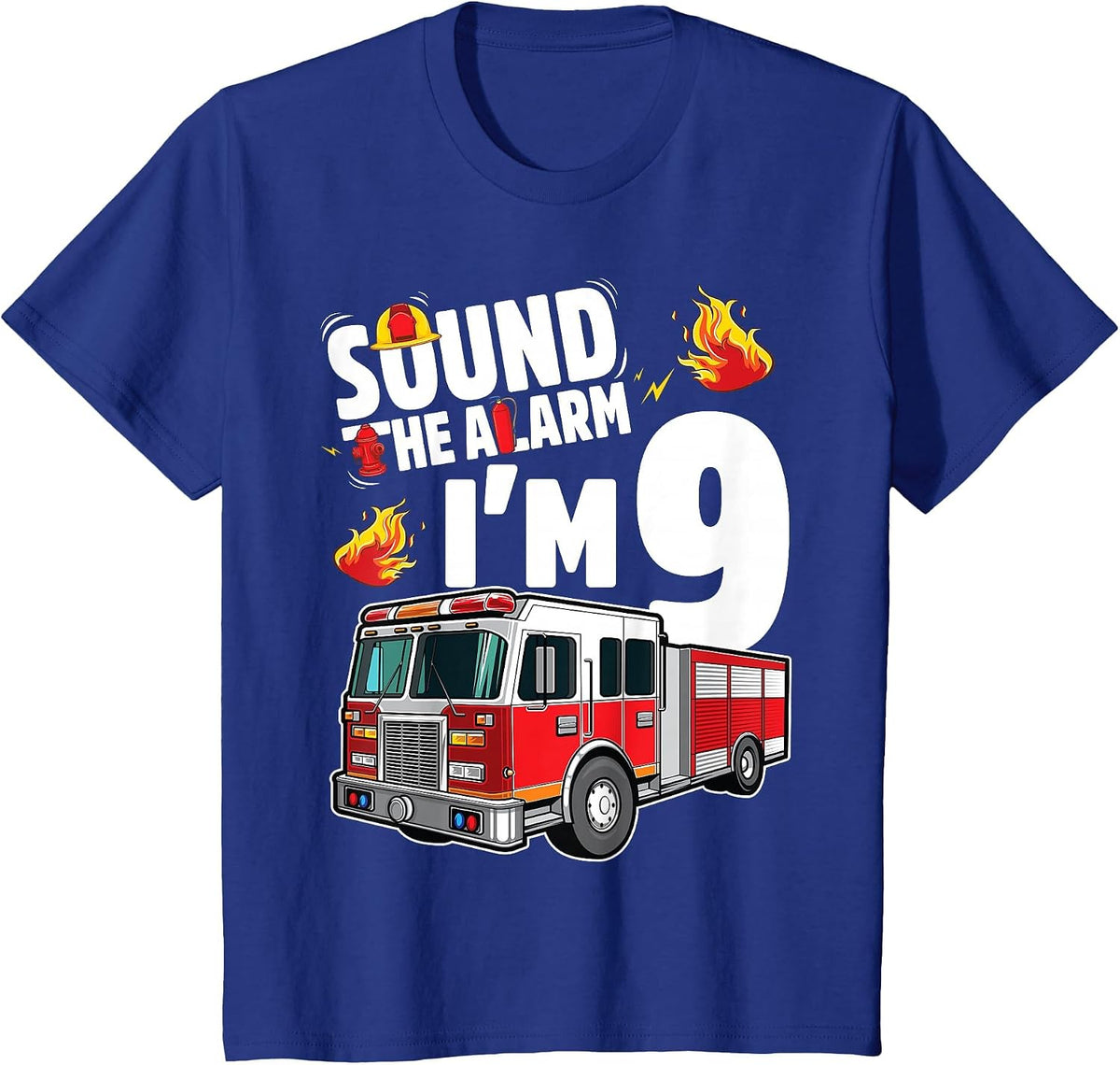 Fire Truck 9th Birthday Boy Firefighter 9 Year Old T-Shirt - Royal Blue