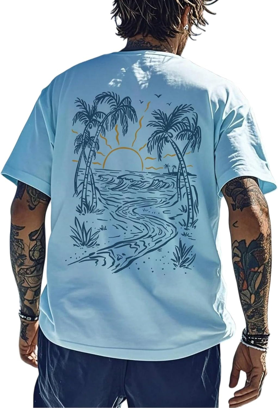 Men's Graphic T-Shirt Beach Sunset Tropical Printed Short Sleeve Crewneck Tee Casual Summer Surf Retro Tops - Sky Blue