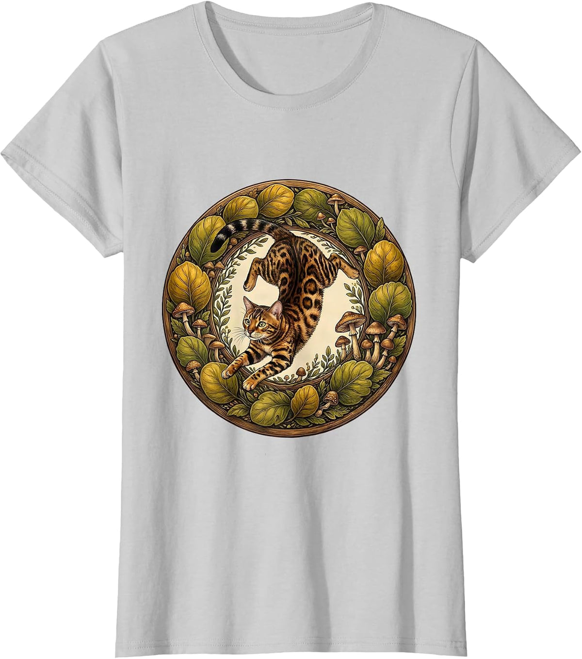 Bengal Cat Leaping Through Jungle Leaves T-Shirt - Silver Grey