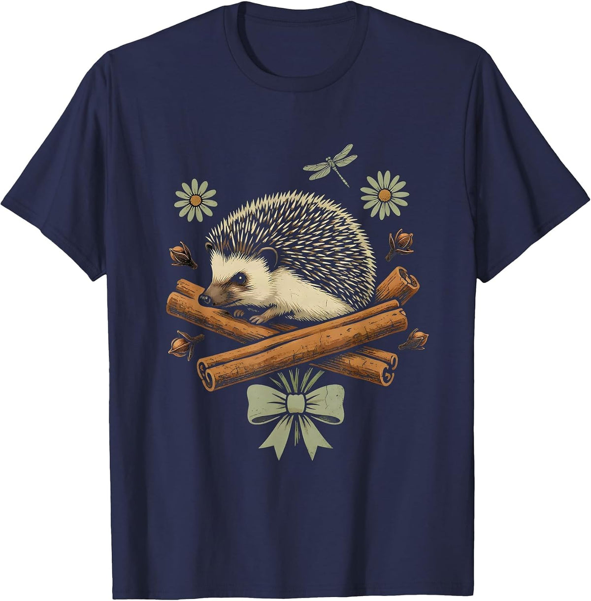 Thanksgiving Hedgehog Cinnamon Cloves Illustration T-Shirt - Navy Blue