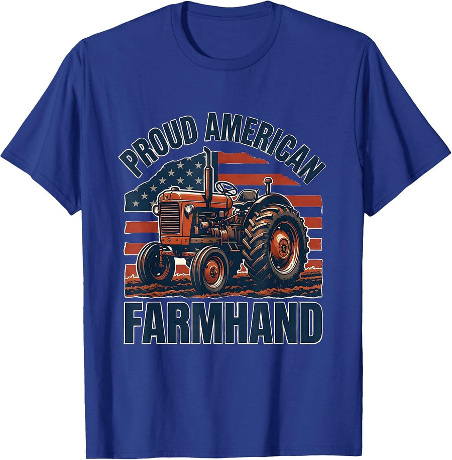 Proud American Farmhand Patriotic Farmer Rural Pride Tractor T-Shirt - Royal Blue