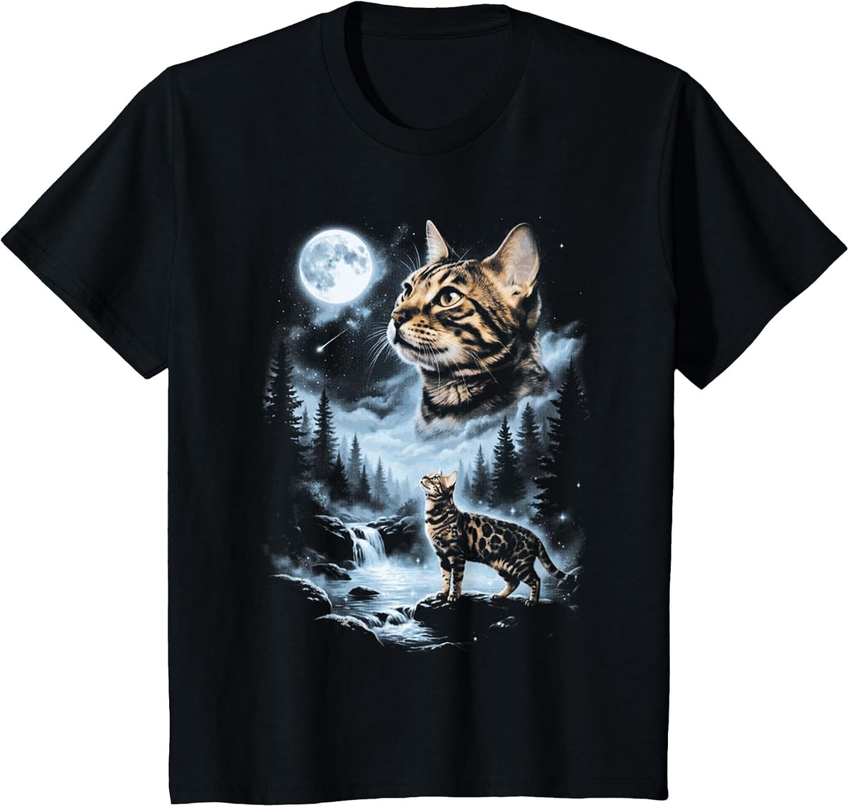Bengal Cat Howling at the Moon, Funny Halloween Design T-Shirt - Black