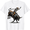 Men's Skeleton Cowboy Riding Bucking Bull Rodeo Art T-Shirt - White