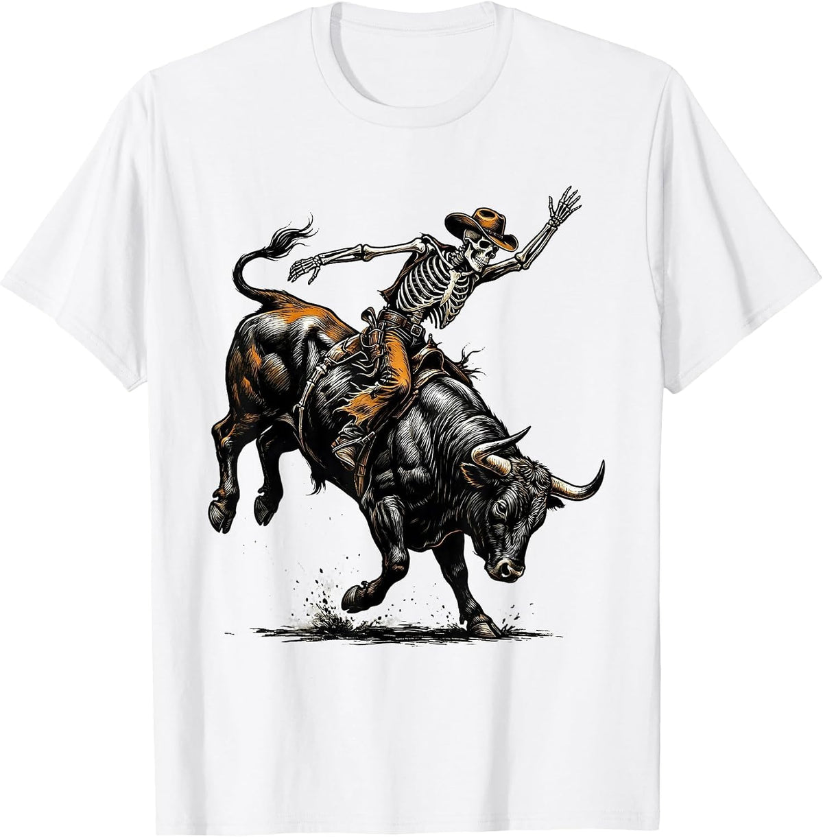 Men's Skeleton Cowboy Riding Bucking Bull Rodeo Art T-Shirt - White