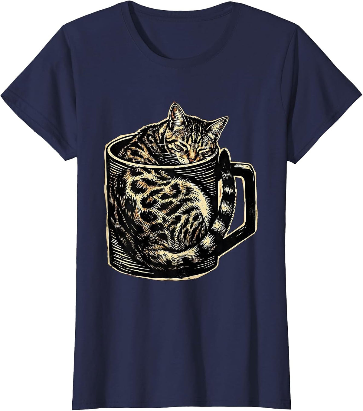 Women's Bengal Cat Curled in Coffee Mug Cute Cozy Design T-Shirt - Navy Blue