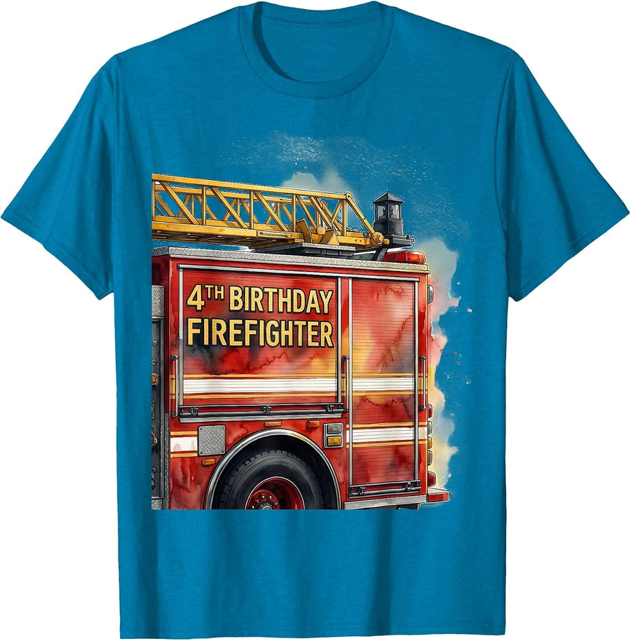 4th Birthday Firefighter Watercolor Fire Truck Kids Party T-Shirt - Sapphire Blue