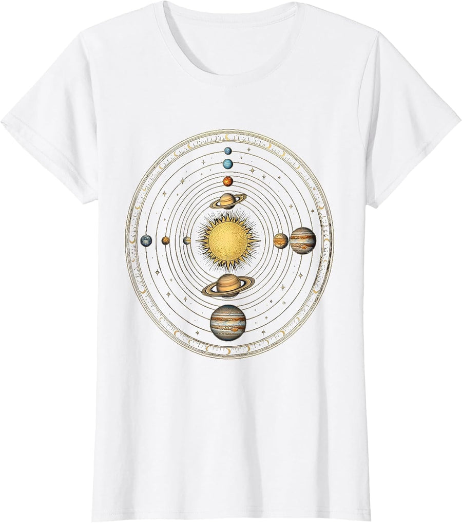 Women's Solar System Planets Overhead View Galaxy Design T-Shirt - White