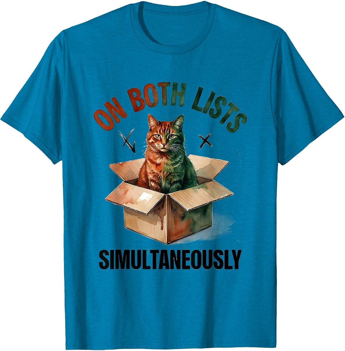 On Both Lists Simultaneously Funny Quantum Physics Cat Lover T-Shirt - Sapphire Blue