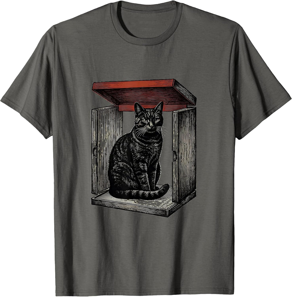 Seated Cat Silhouette Quantum Physics Nerd Humor T-Shirt - Asphalt Grey