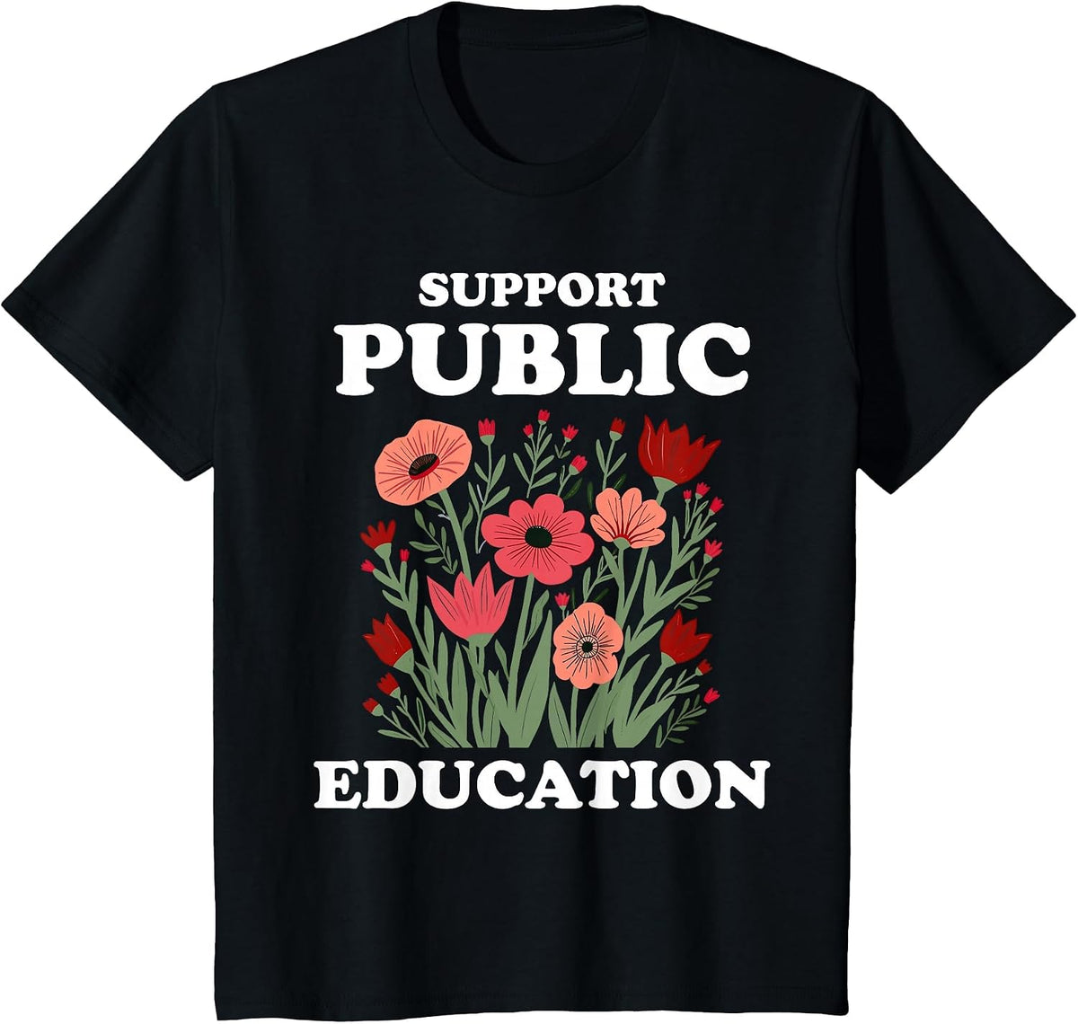 Support Public Education Cute Floral Teacher Red for Ed T-Shirt - Black