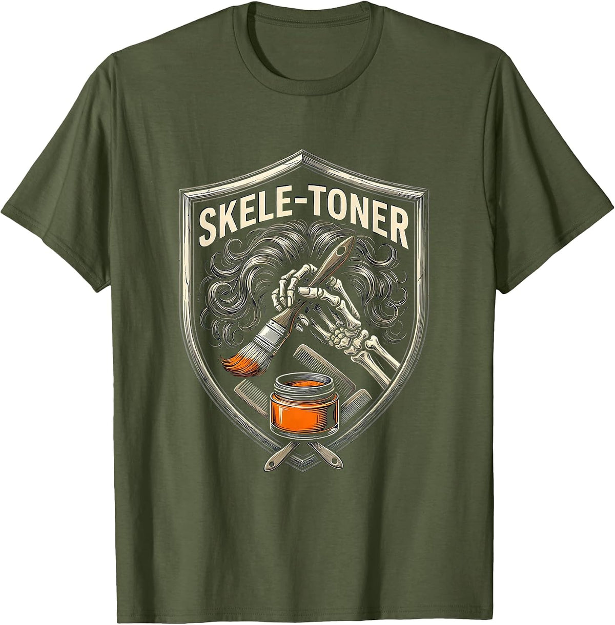 Skele-Toner Funny Halloween Skeleton Hairstylist Barber T-Shirt - Olive Green