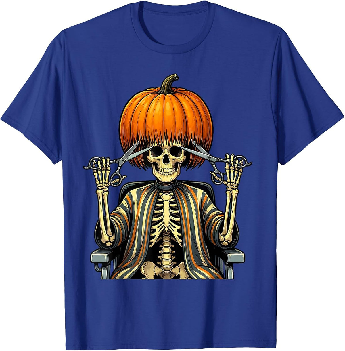 Pumpkin Skull Hairstylist Halloween Barber Humor T-Shirt - Royal Blue