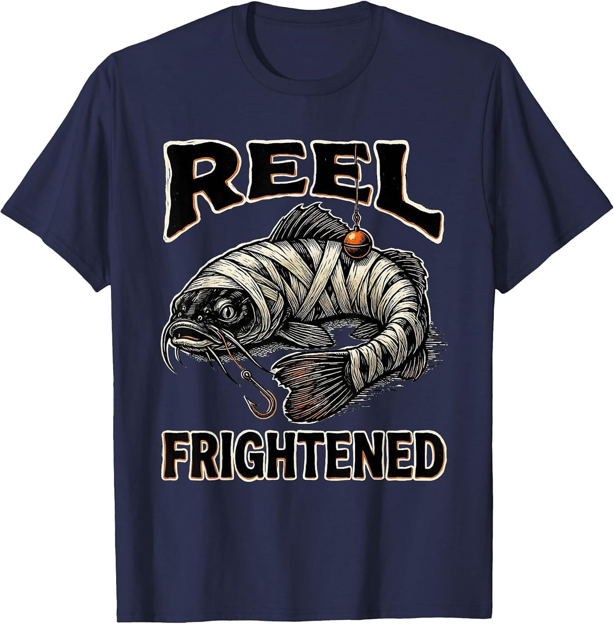Men's Reel Frightened Linocut Halloween Skeleton Fishing Humor T-Shirt - Navy Blue