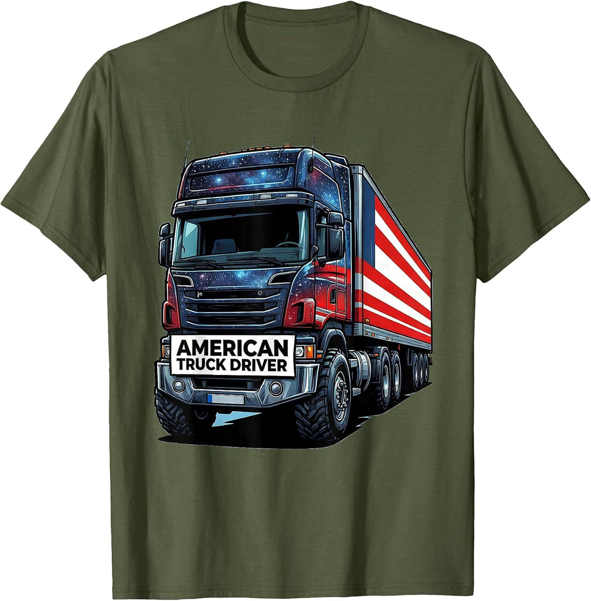 American Truck Driver Cartoon Patriotic Trucker Semi Driver T-Shirt - Olive Green