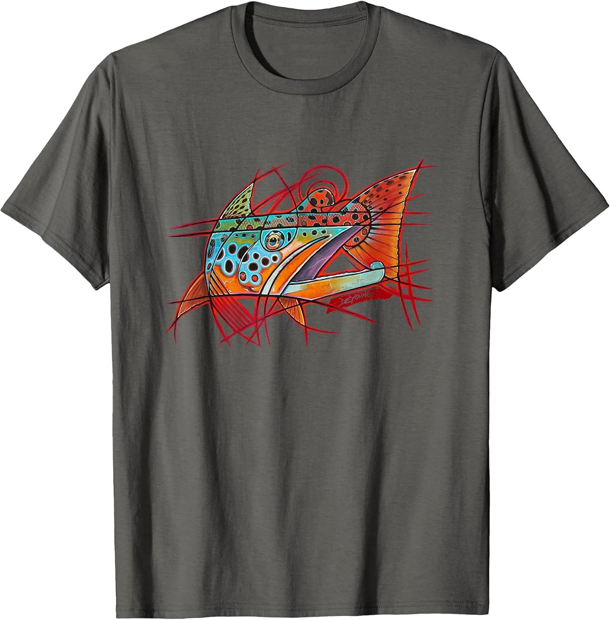 Cubist Brown Trout Fishing T-Shirt Derek Deyoung - Asphalt Grey