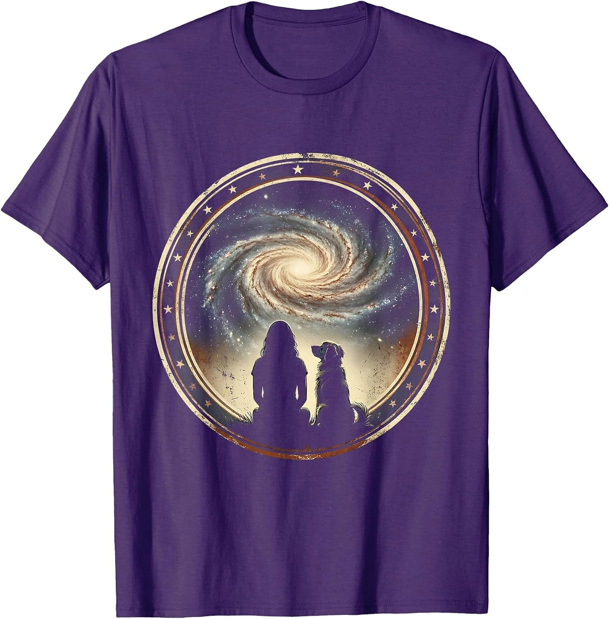 Woman and Dog Gazing at Starry Galaxy Design T-Shirt - Purple