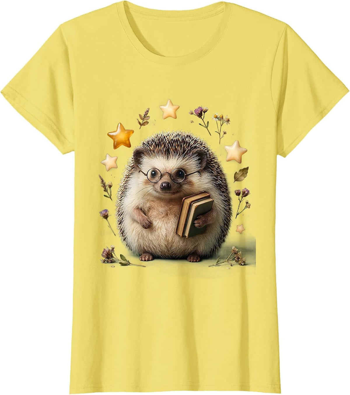 Cute Hedgehog Teacher Gold Stars Illustration T-Shirt - Lemon Yellow