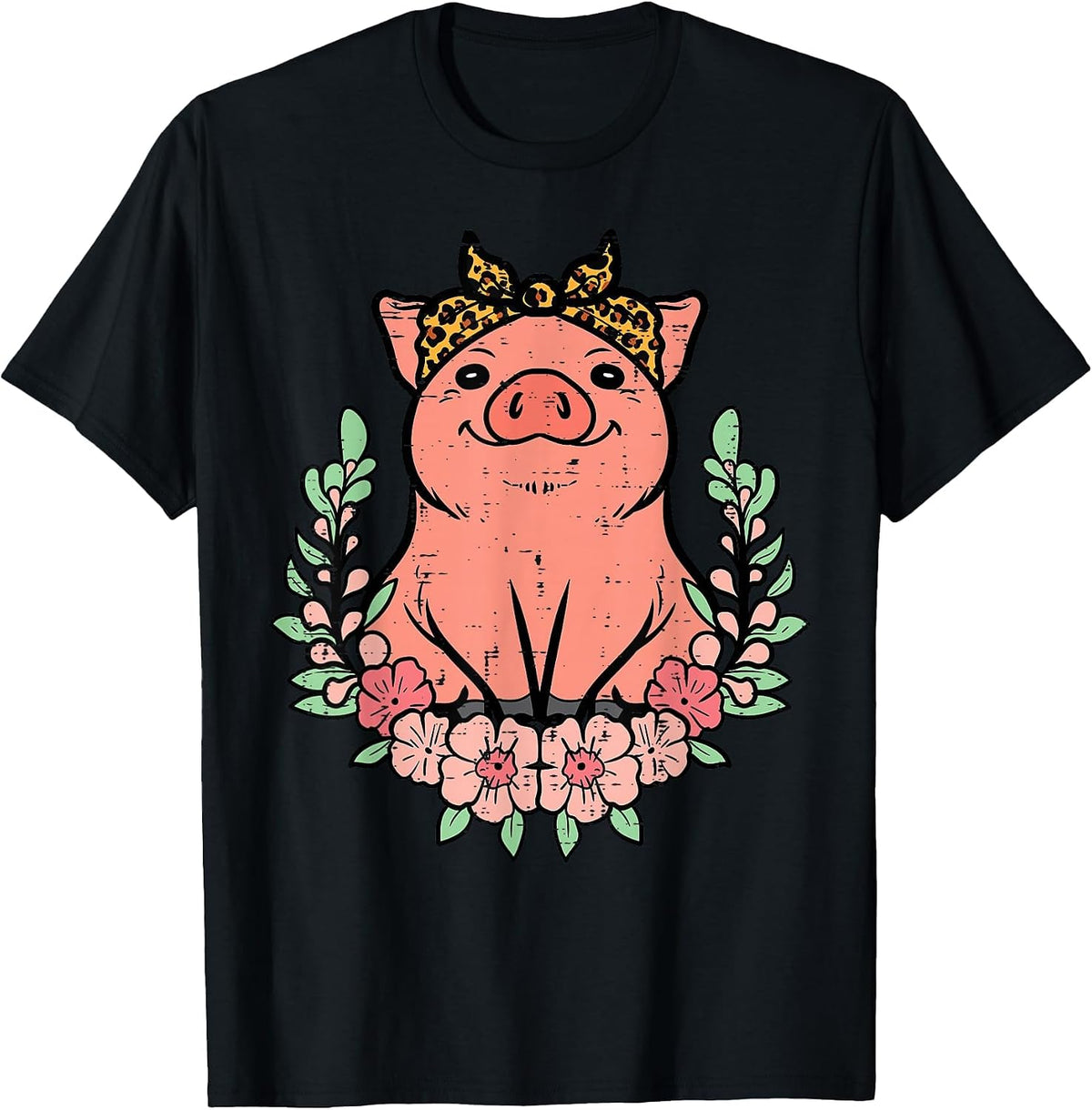 Pig Leopard Bandana Hog Farm Animal Mom Women Girls Kids T-Shirt - Black