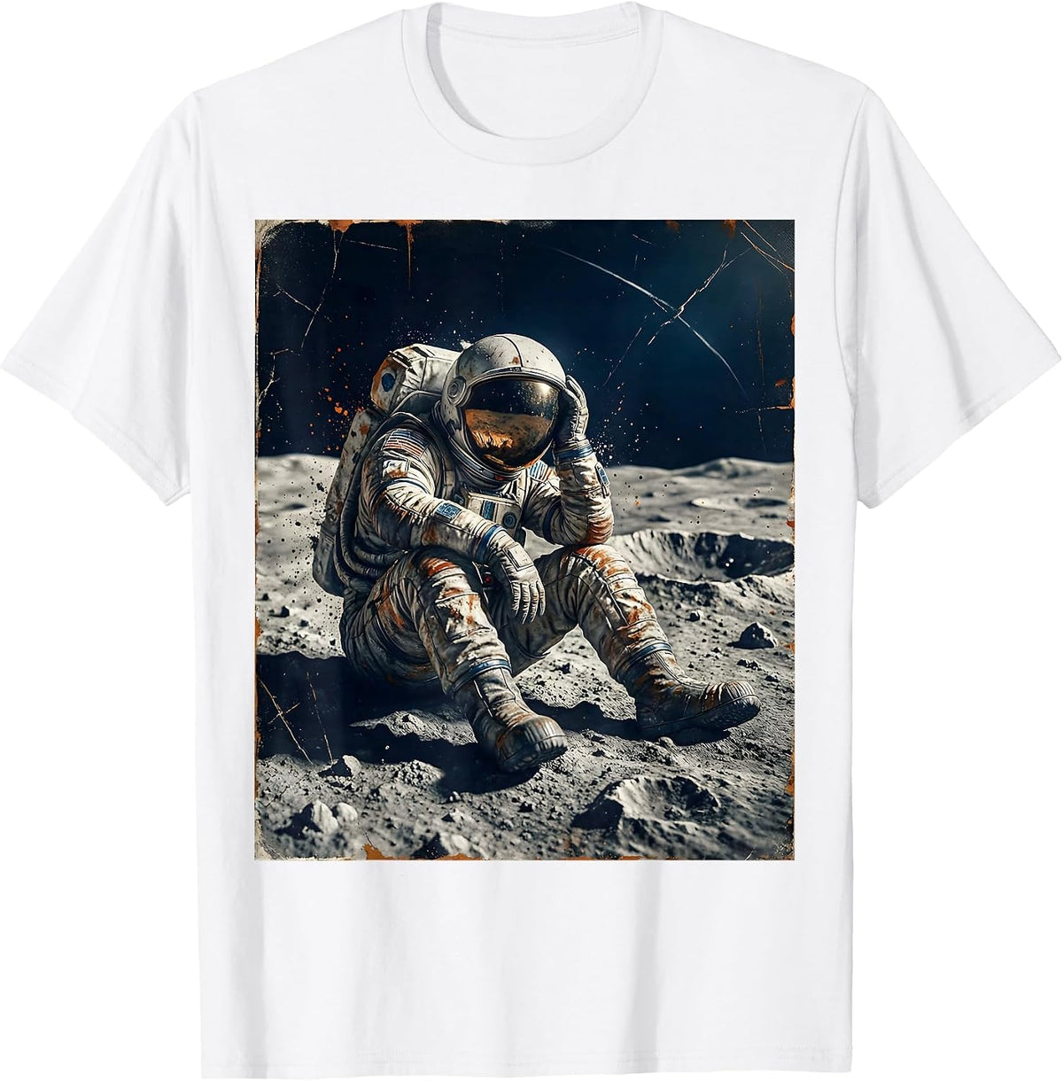 Men's Tired Astronaut Sitting on the Moon Surface T-Shirt - White