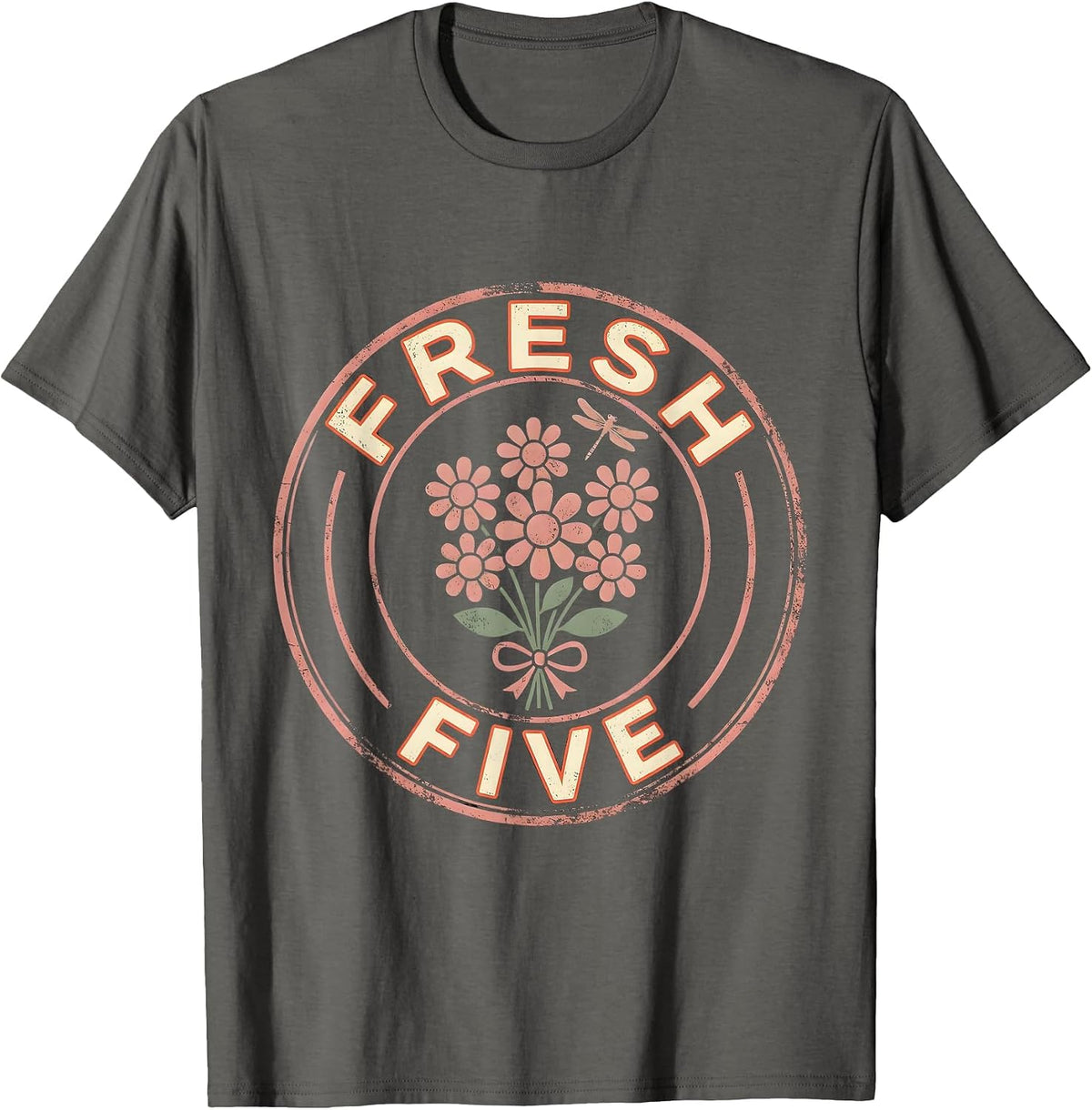 FRESH FIVE Retro Flower Power Fifth 5th Grade Back To School T-Shirt - Asphalt Grey