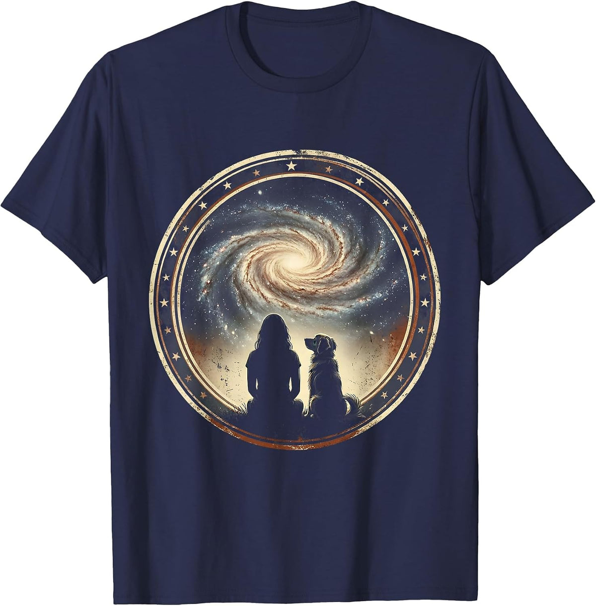 Woman and Dog Gazing at Starry Galaxy Design T-Shirt - Navy Blue