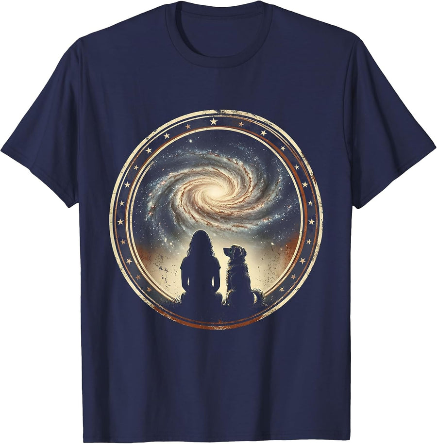 Woman and Dog Gazing at Starry Galaxy Design T-Shirt - Navy Blue