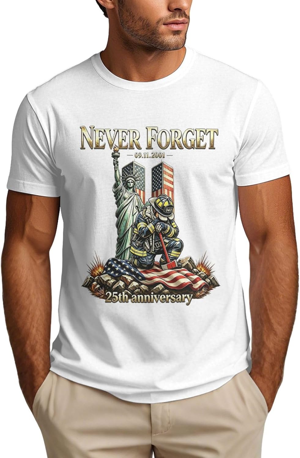 Never Forget 343 Firefighters Tribute Shirt 911 25th Anniversary Mens Tshirt - White