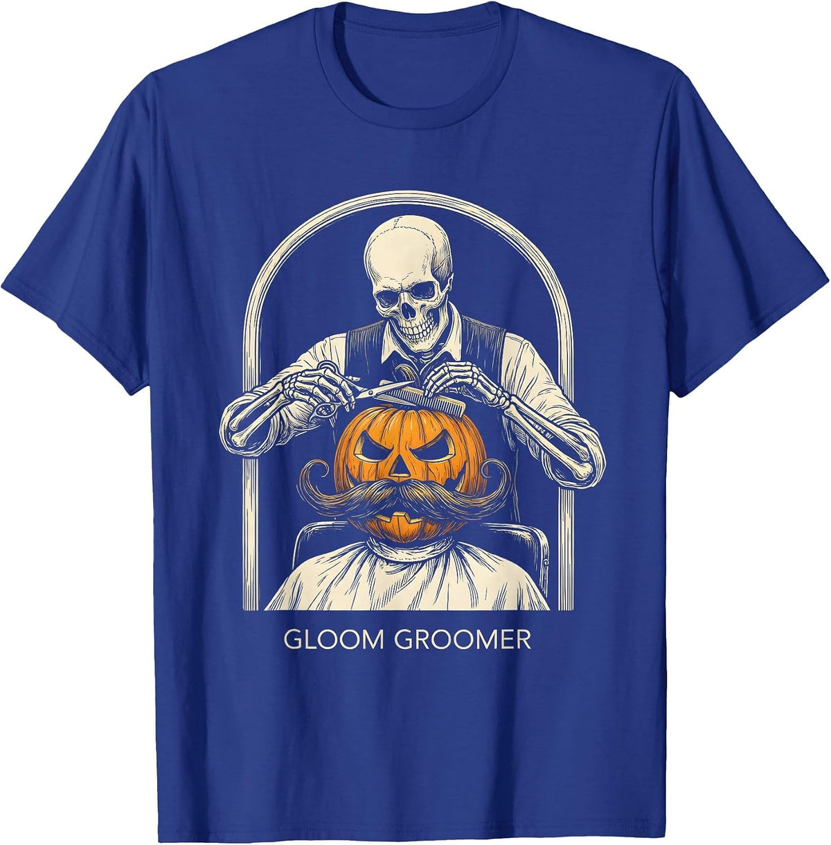 Men's Gloom Groomer Skeleton Barber Halloween Hairstylist Humor T-Shirt - Royal Blue