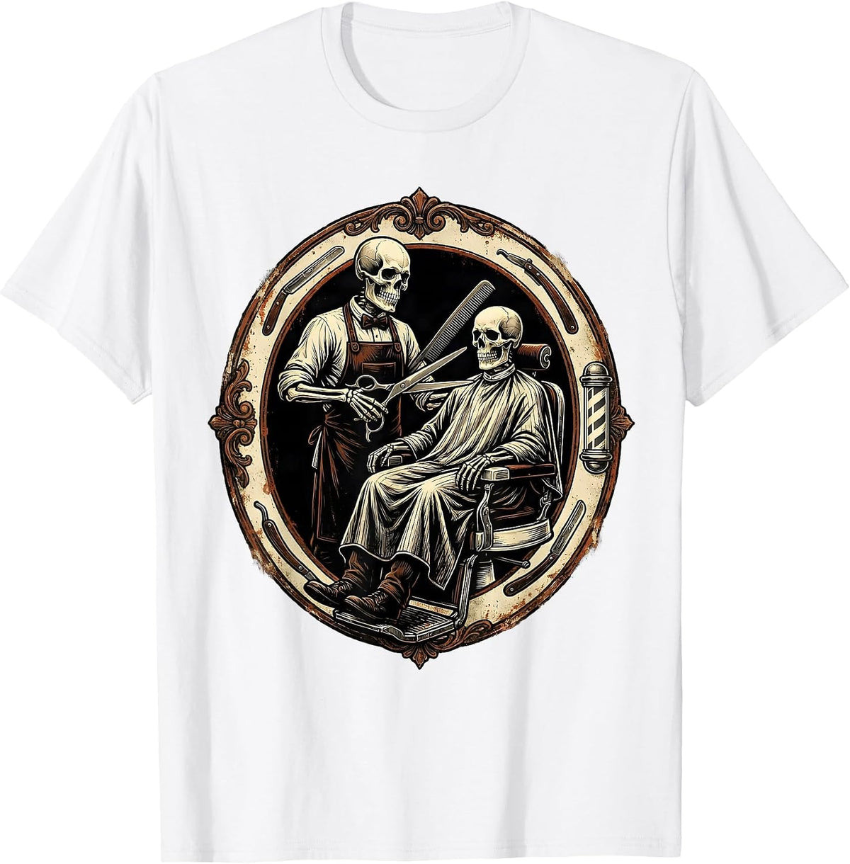 Men's Skeleton Barber Haircut Funny Halloween Graphic T-Shirt - White