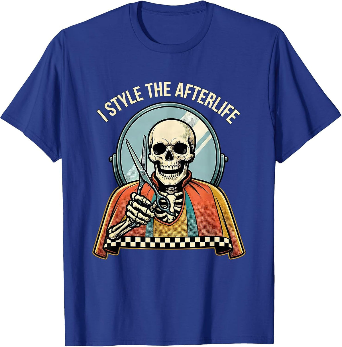 I Style The Afterlife Retro Advertising Skeleton Hairdresser T-Shirt - Royal Blue