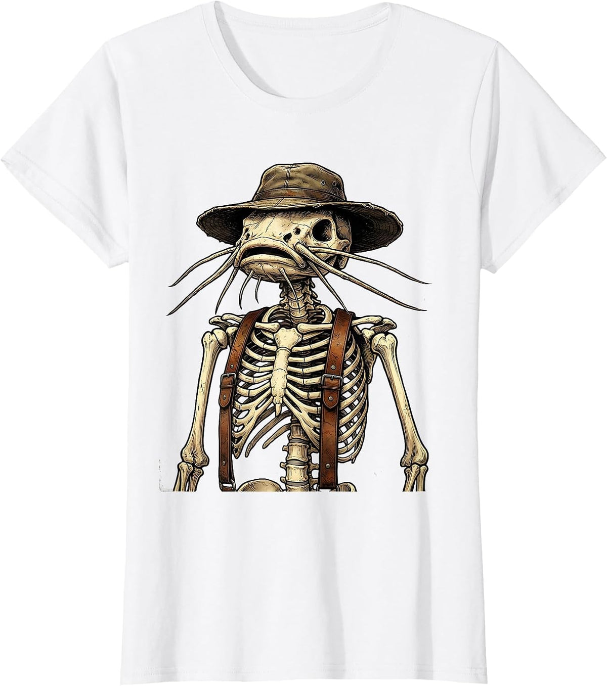 Catfish Skeleton Fisherman Suspenders Graphic T-Shirt - White