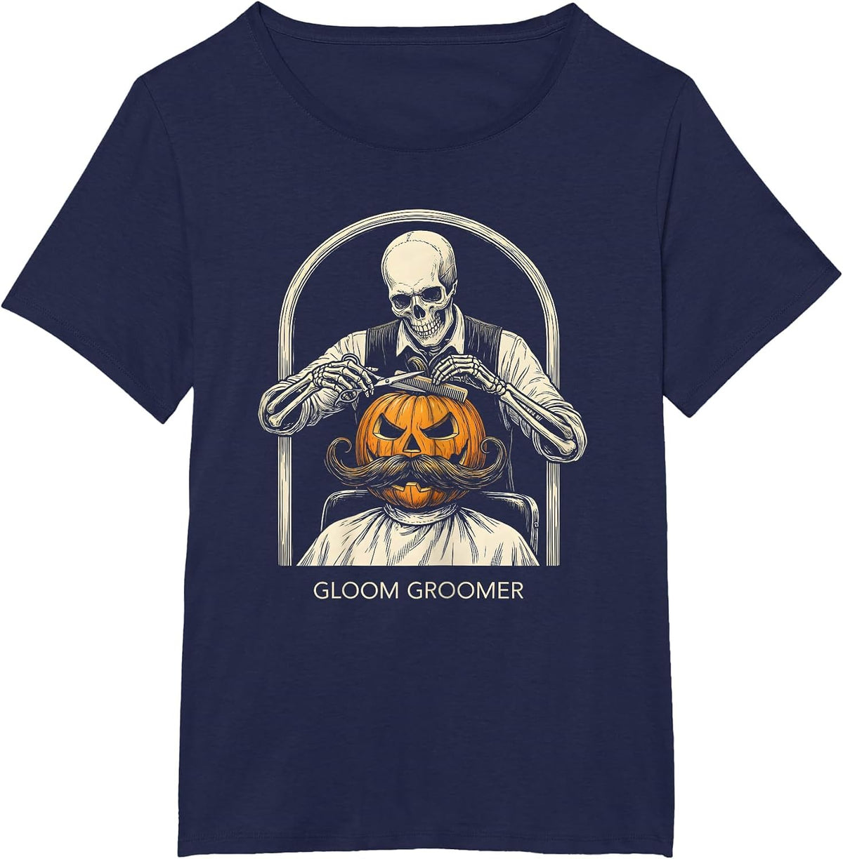Women's Gloom Groomer Skeleton Barber Halloween Hairstylist Humor T-Shirt - Navy Blue