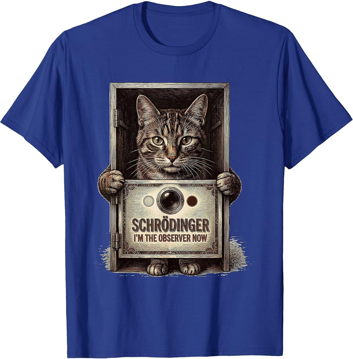 Schrödinger, I’m the Observer Now Funny Quantum Physics Cat T-Shirt - Royal Blue